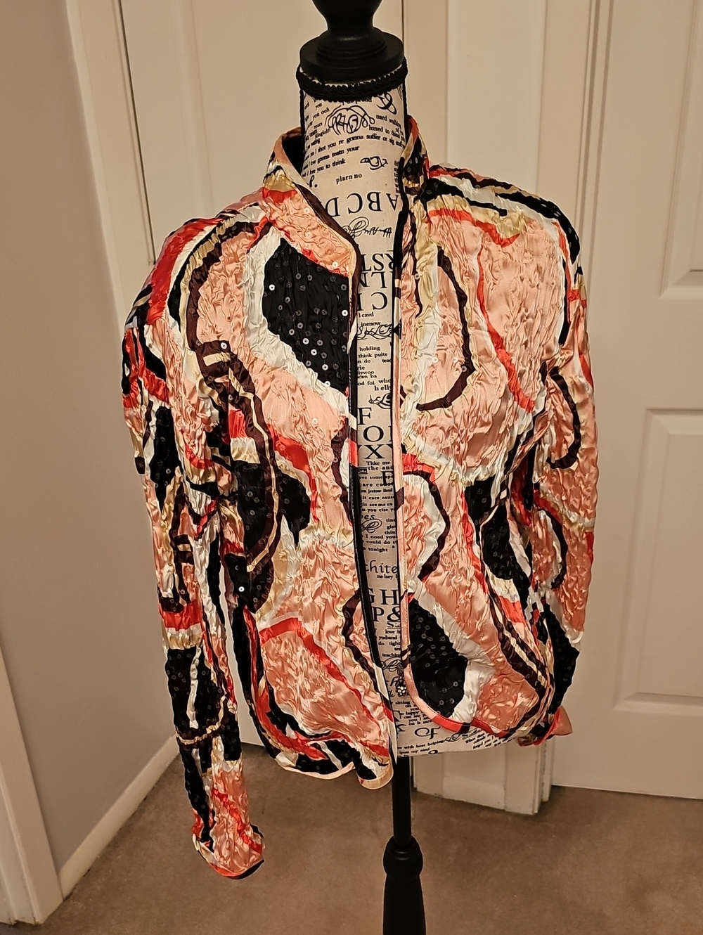 Womens Abstract Print Crinkle Jacket - Peach/Black